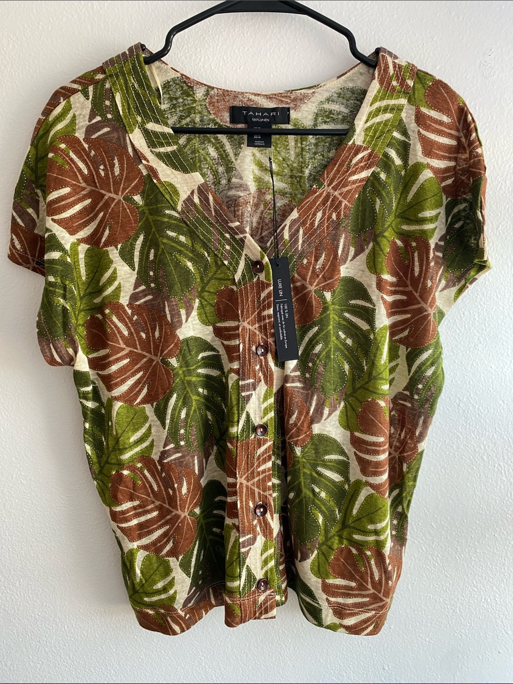 Tahari 100% Linen Green & Brown Tropical Leaf Button-Front Blouse
